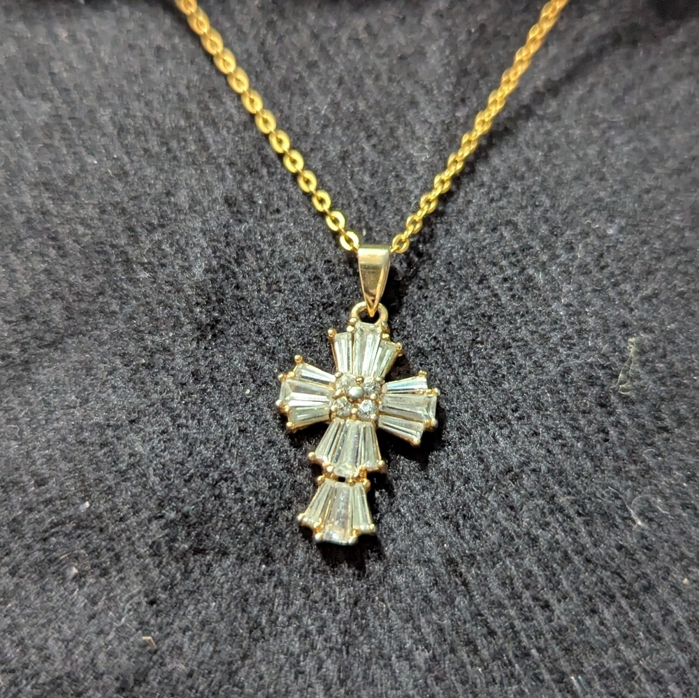 Gold Tone Clear Rhinestone Cross Pendant Statement Necklace